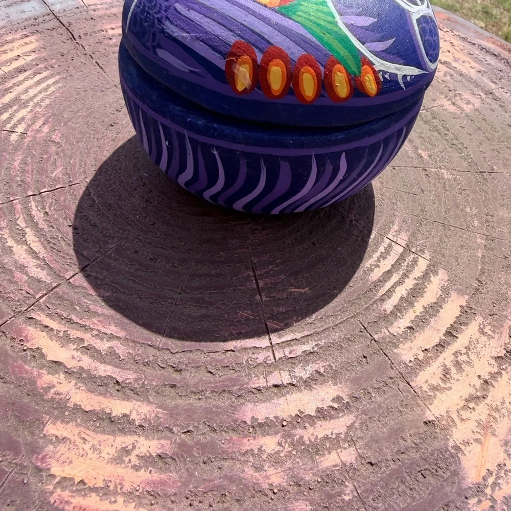 Mexican Art Pottery Colorful Painted Terra Cotta Lidded Trinket Box 3.5